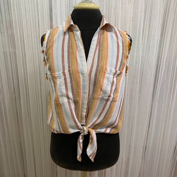 Anthropologie Cloth & Stone Women's Small Tie Front Striped Linen Button Down - Picture 1 of 13